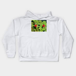 Floating pair of Red Water Lilly Flowers on Pond Kids Hoodie